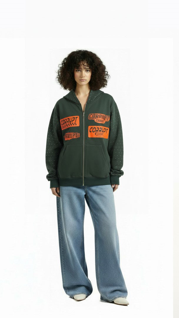 LOGOS PRINT RHINESTONE ZIP-UP LONG SLEEVES HOODED SWEATSHIRT