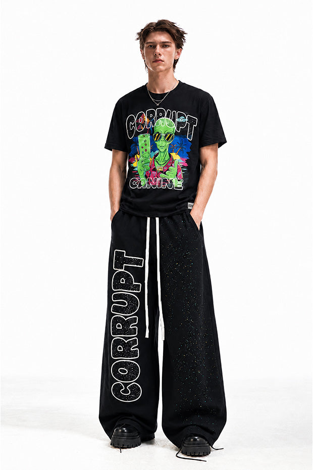 CORRUPT CANINE RHINESTONE ALIEN GRAPHIC BOXY T-SHIRT & WIDE-LEG SWEATPANTS SET