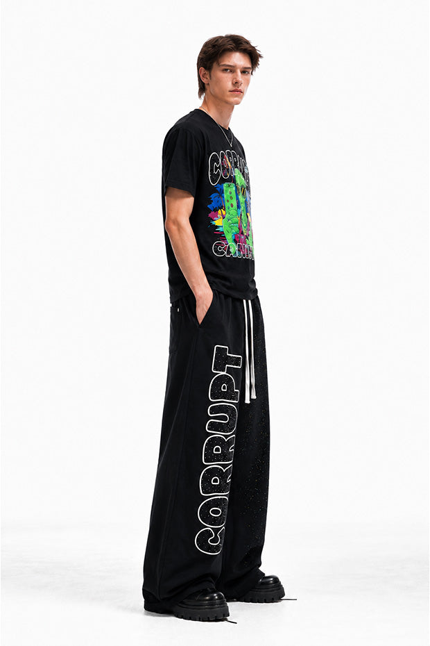 CORRUPT CANINE RHINESTONE ALIEN GRAPHIC BOXY T-SHIRT & WIDE-LEG SWEATPANTS SET