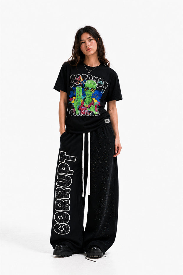 CORRUPT CANINE RHINESTONE ALIEN GRAPHIC BOXY T-SHIRT & WIDE-LEG SWEATPANTS SET