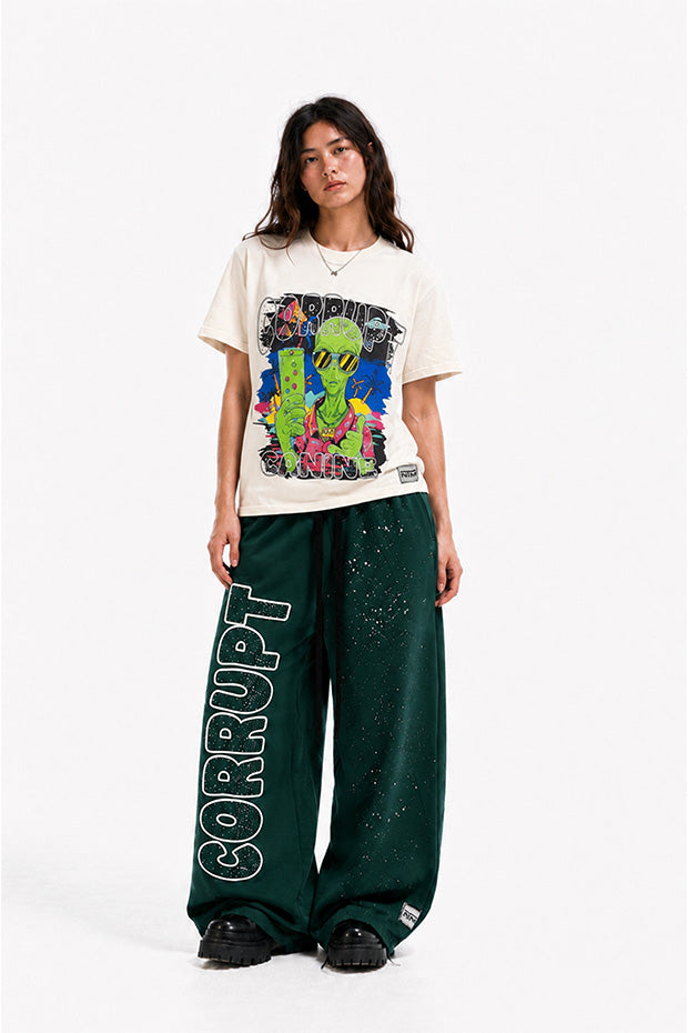 CORRUPT CANINE RHINESTONE ALIEN GRAPHIC BOXY T-SHIRT & WIDE-LEG SWEATPANTS SET