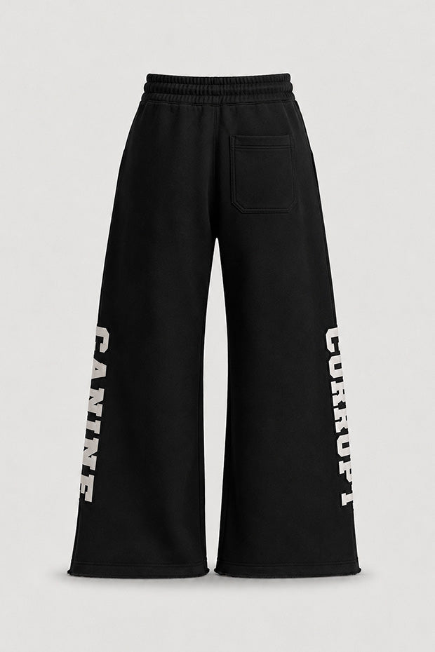 CORRUPTK9 HEAVYWEIGHT WIDE LEG SWEATPANTS WITH EMBROIDERED LOGO PATCHES & STATEMENT LEG GRAPHICS