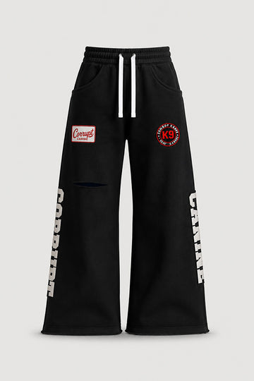 CORRUPTK9 HEAVYWEIGHT WIDE LEG SWEATPANTS WITH EMBROIDERED LOGO PATCHES & STATEMENT LEG GRAPHICS