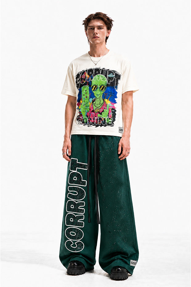 CORRUPT CANINE RHINESTONE ALIEN GRAPHIC BOXY T-SHIRT & WIDE-LEG SWEATPANTS SET