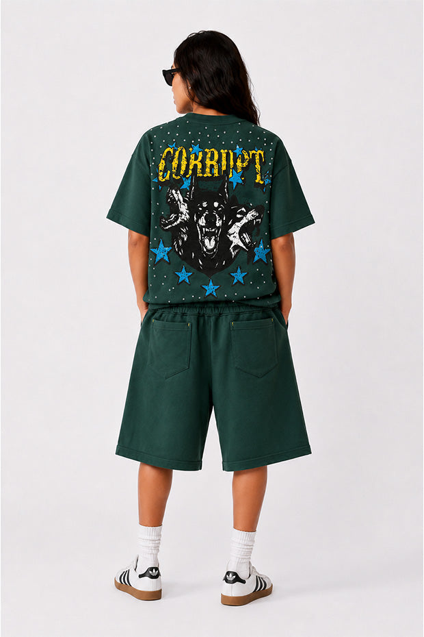 CORRUPT CANINE RUNNING DOG GRAPHIC RHINESTONE BOXY SET