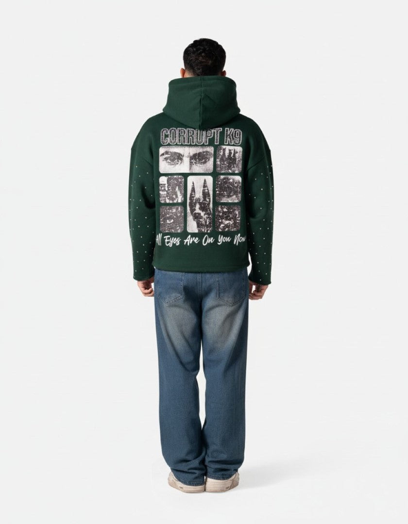 GRAPHIC STARS PRINT RHINESTONE CORRUPT CANINE HOODIE