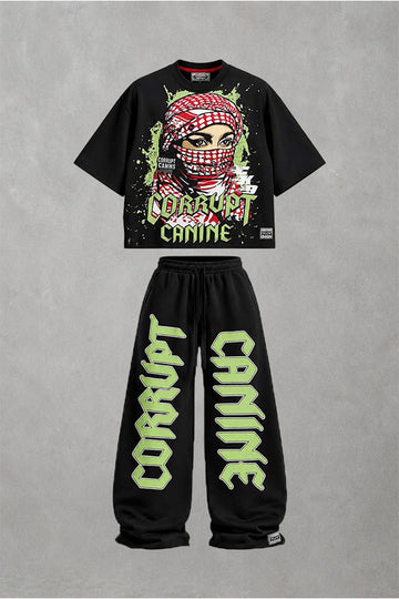 CORRUPT CANINE SILENCE SPEAKS LOUDER BOXY GRAPHIC T-SHIRT & WIDE LEG SWEATPANTS SET