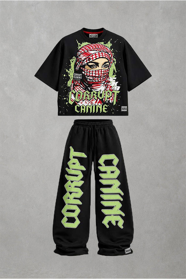 CORRUPT CANINE SILENCE SPEAKS LOUDER BOXY GRAPHIC T-SHIRT & WIDE LEG SWEATPANTS SET