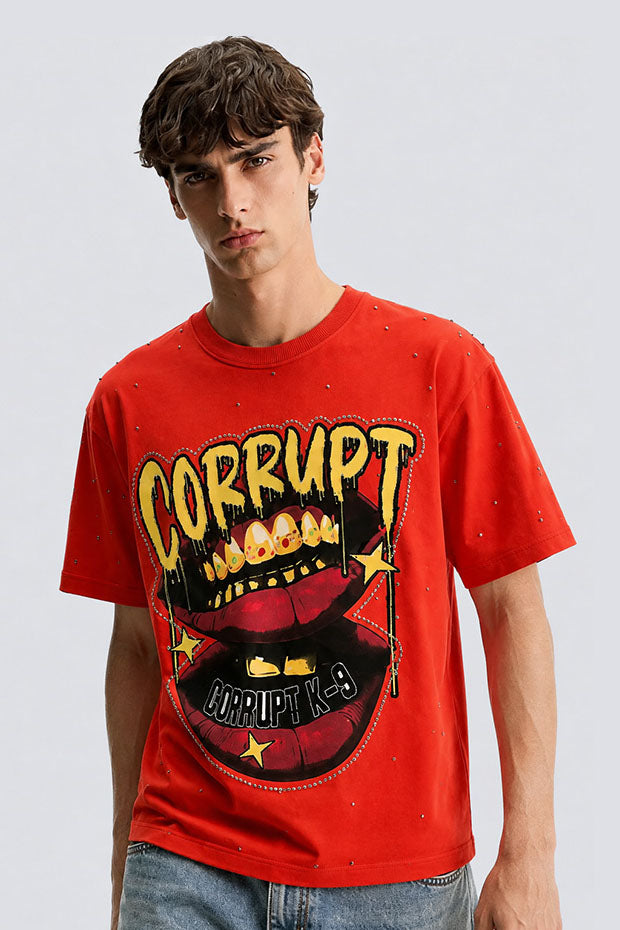 CORRUPT K9 RHINESTONE LIPS & GOLD TEETH GRAPHIC BOXY FIT T-SHIRT