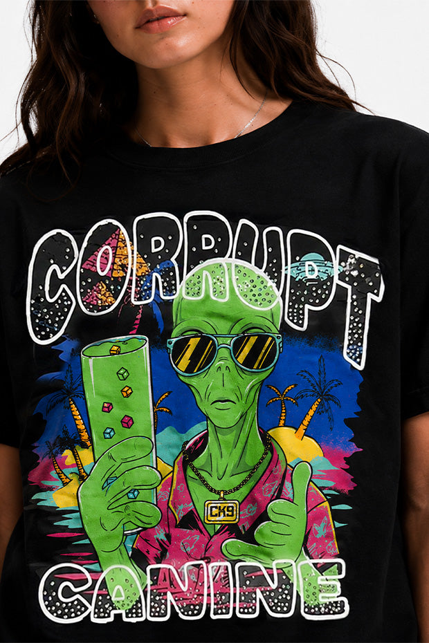 CORRUPT CANINE RHINESTONE ALIEN GRAPHIC BOXY T-SHIRT & WIDE-LEG SWEATPANTS SET