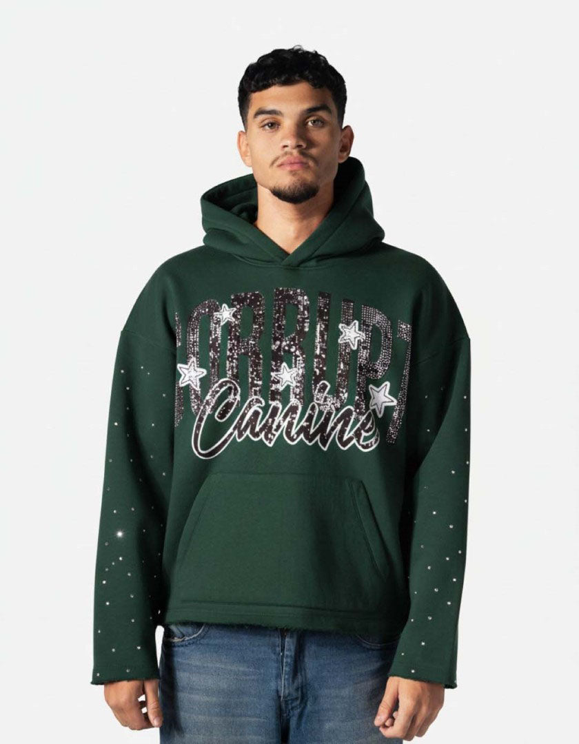 GRAPHIC STARS PRINT RHINESTONE CORRUPT CANINE HOODIE