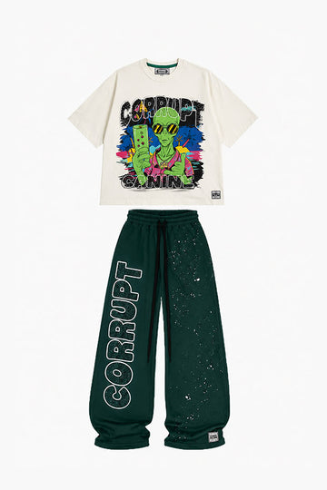 CORRUPT CANINE RHINESTONE ALIEN GRAPHIC BOXY T-SHIRT & WIDE-LEG SWEATPANTS SET
