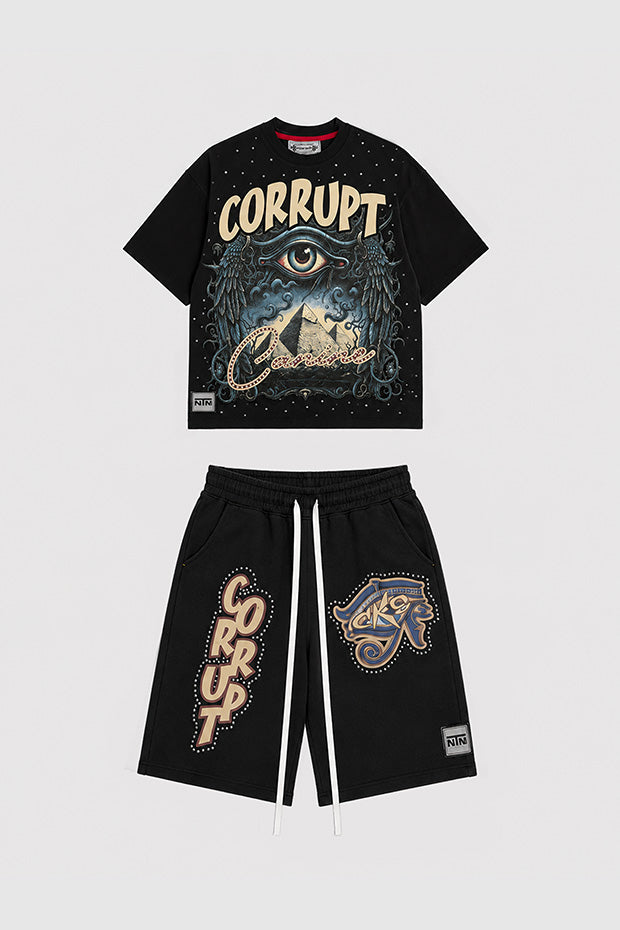 CORRUPT CANINE ALL SEEING EYE & PYRAMID GRAPHIC BOXY T-SHIRT AND RELAXED SHORTS SET