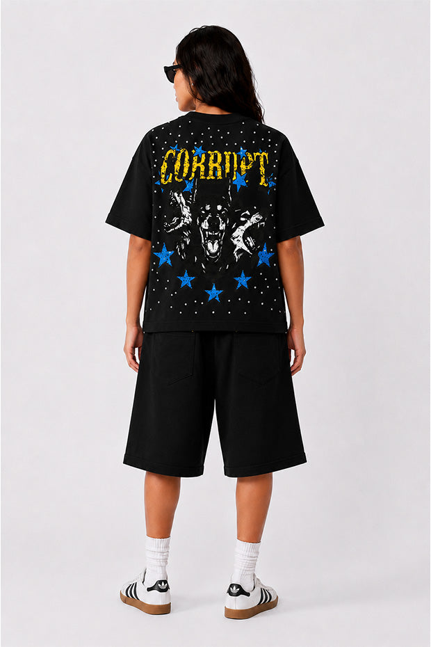 CORRUPT CANINE RUNNING DOG GRAPHIC RHINESTONE BOXY SET