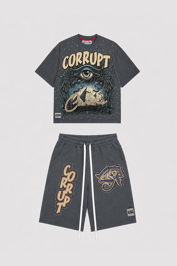 CORRUPT CANINE ALL SEEING EYE & PYRAMID GRAPHIC BOXY T-SHIRT AND RELAXED SHORTS SET