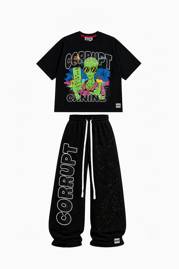 CORRUPT CANINE RHINESTONE ALIEN GRAPHIC BOXY T-SHIRT & WIDE-LEG SWEATPANTS SET