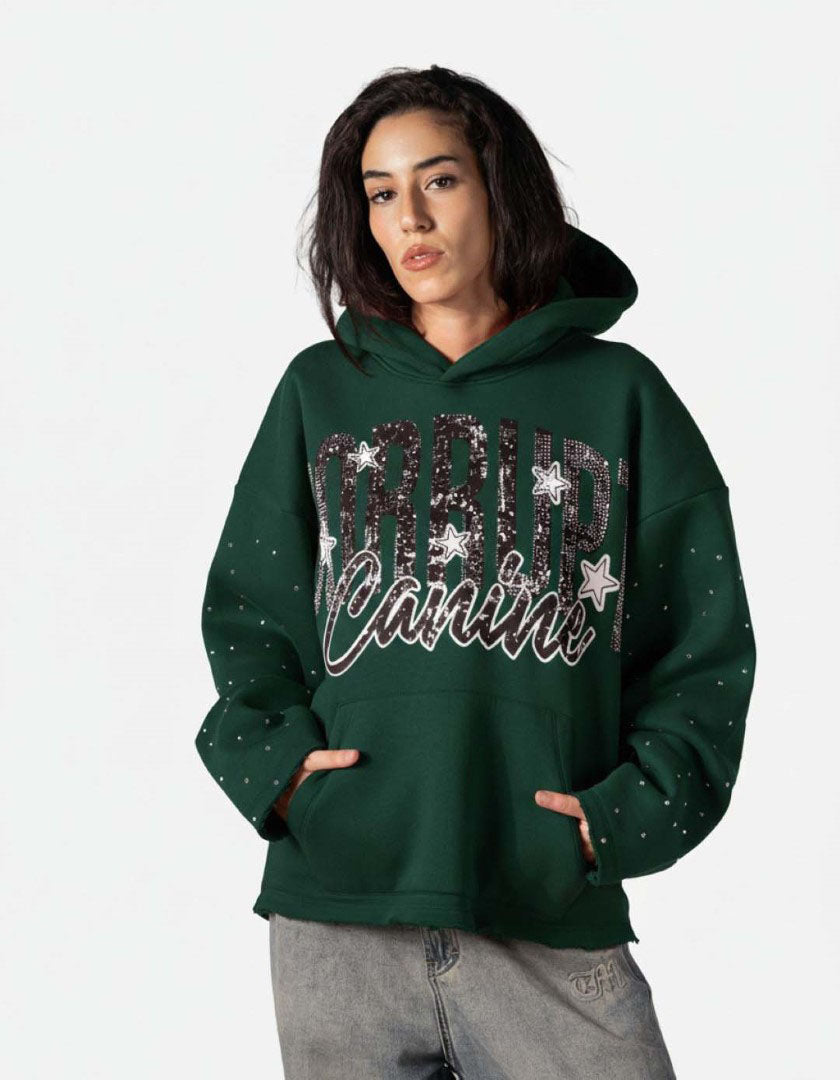 GRAPHIC STARS PRINT RHINESTONE CORRUPT CANINE HOODIE