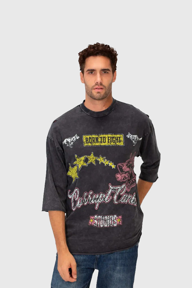 WASHED BOXY FIT RIPPED PRINTED T-SHIRT