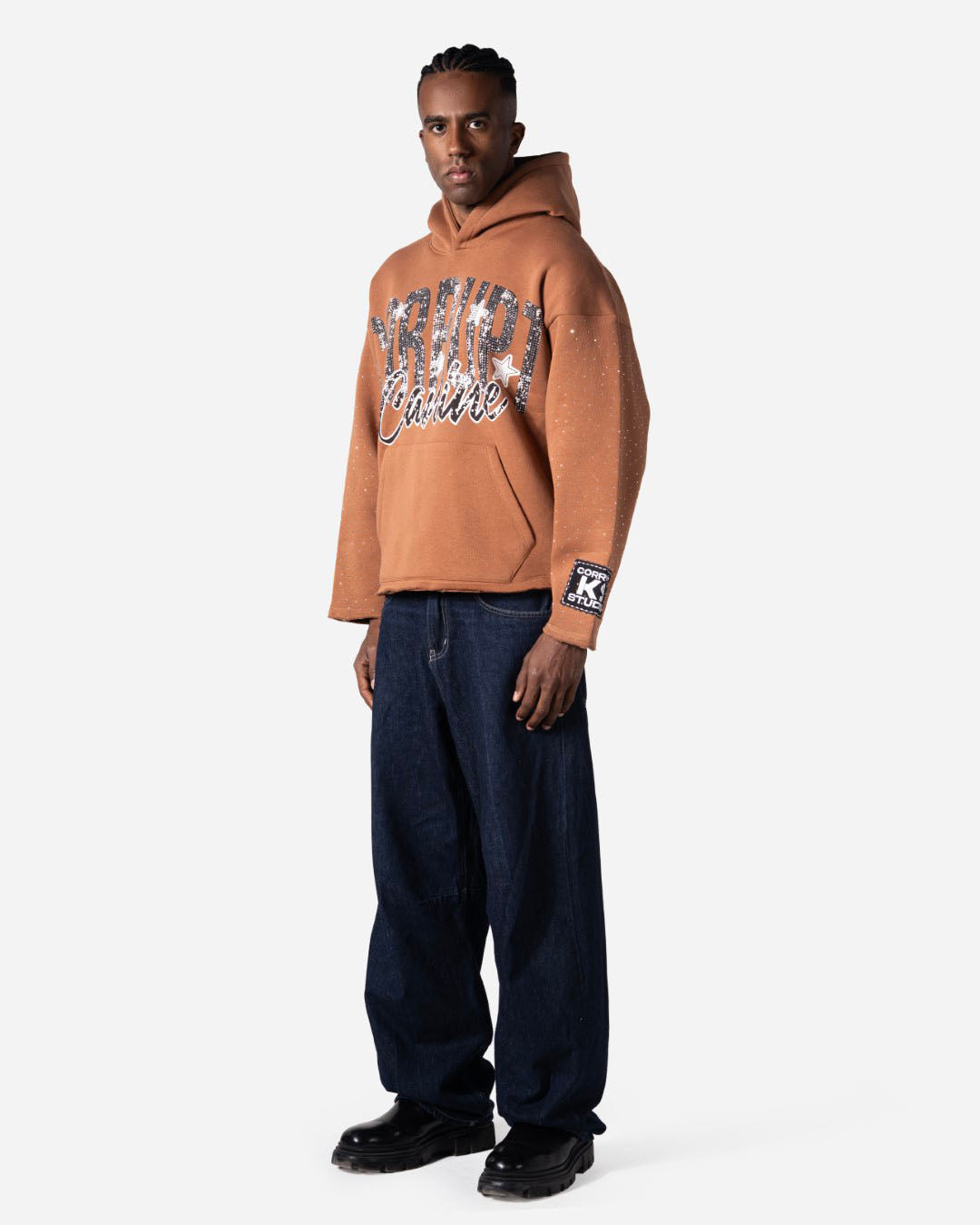 GRAPHIC STARS PRINT RHINESTONE CORRUPT CANINE HOODIE