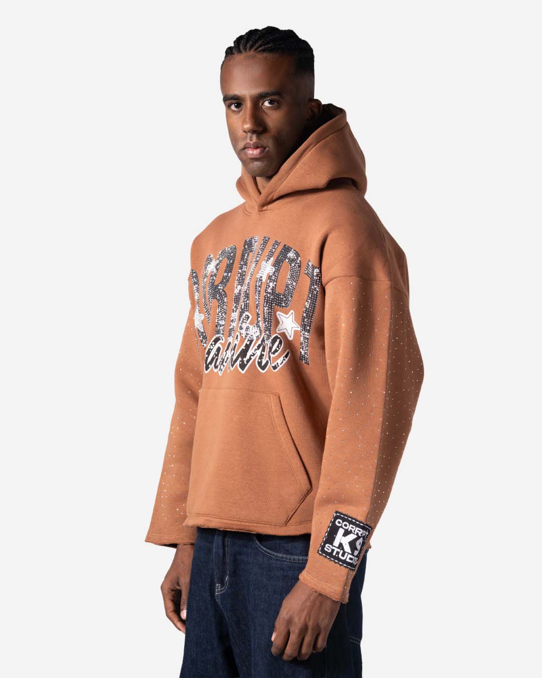 GRAPHIC STARS PRINT RHINESTONE CORRUPT CANINE HOODIE