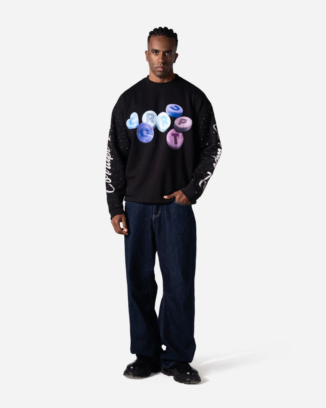 RHINESTONE CORRUPT K9 ROUND NECK LONG SLEEVE SWEATSHIRT