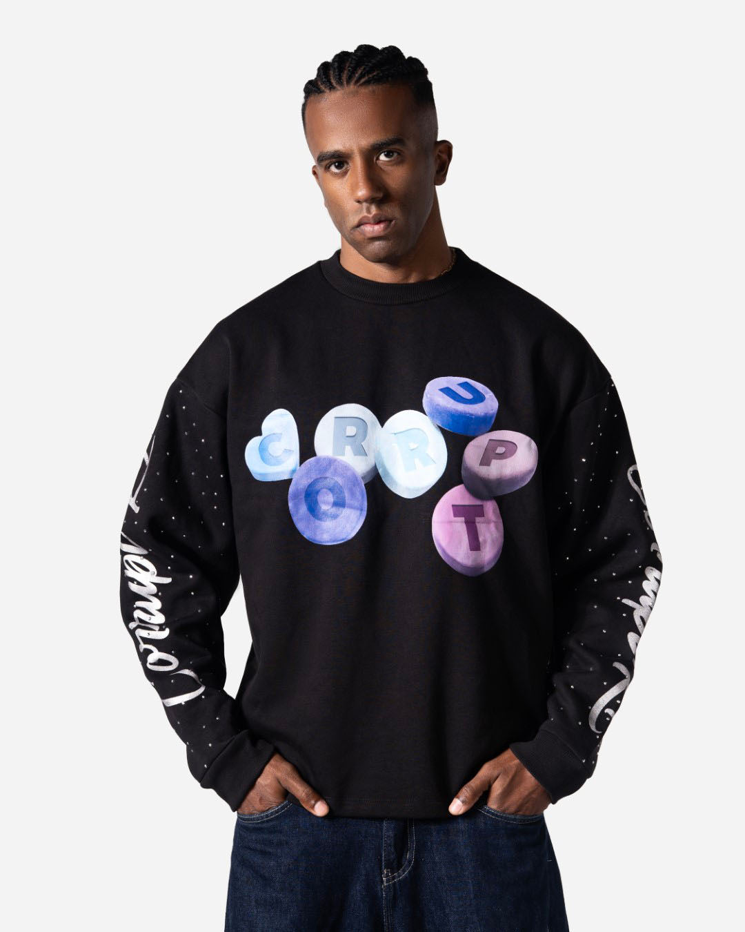 RHINESTONE Corrupt K9 ROUND NECK LONG SLEEVE SWEATSHIRT