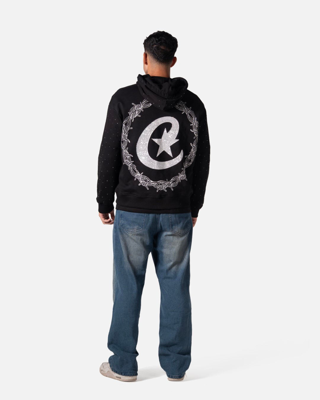 LOGOS PRINT RHINESTONE ZIP-UP LONG SLEEVES HOODED SWEATSHIRT