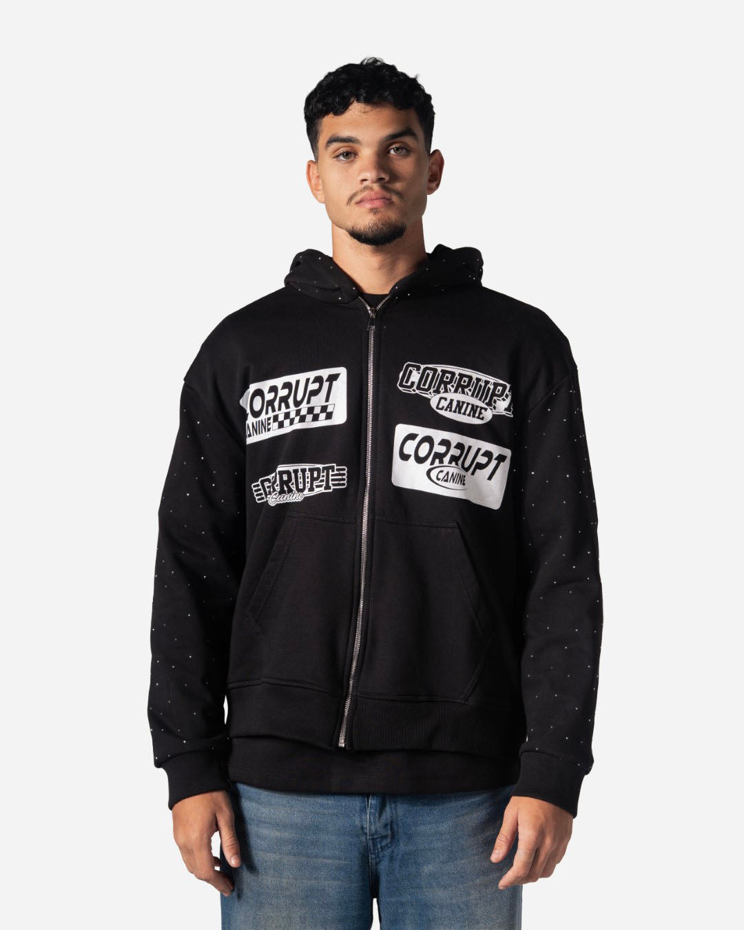 LOGOS PRINT RHINESTONE ZIP- LONG SLEEVES HOODED SWEATSHIRT