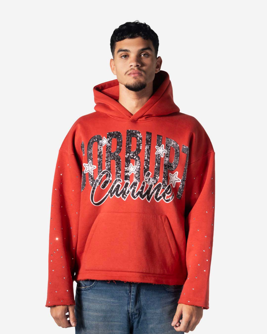 GRAPHIC STARS PRINT RHINESTONE CORRUPT CANINE HOODIE