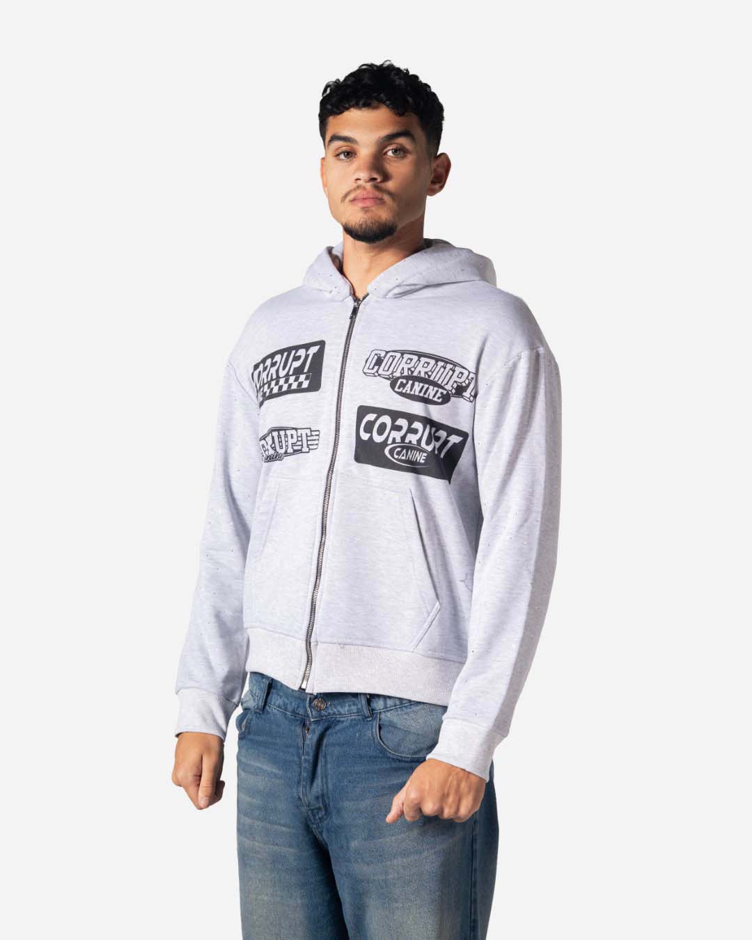 LOGOS PRINT RHINESTONE ZIP- LONG SLEEVES HOODED SWEATSHIRT