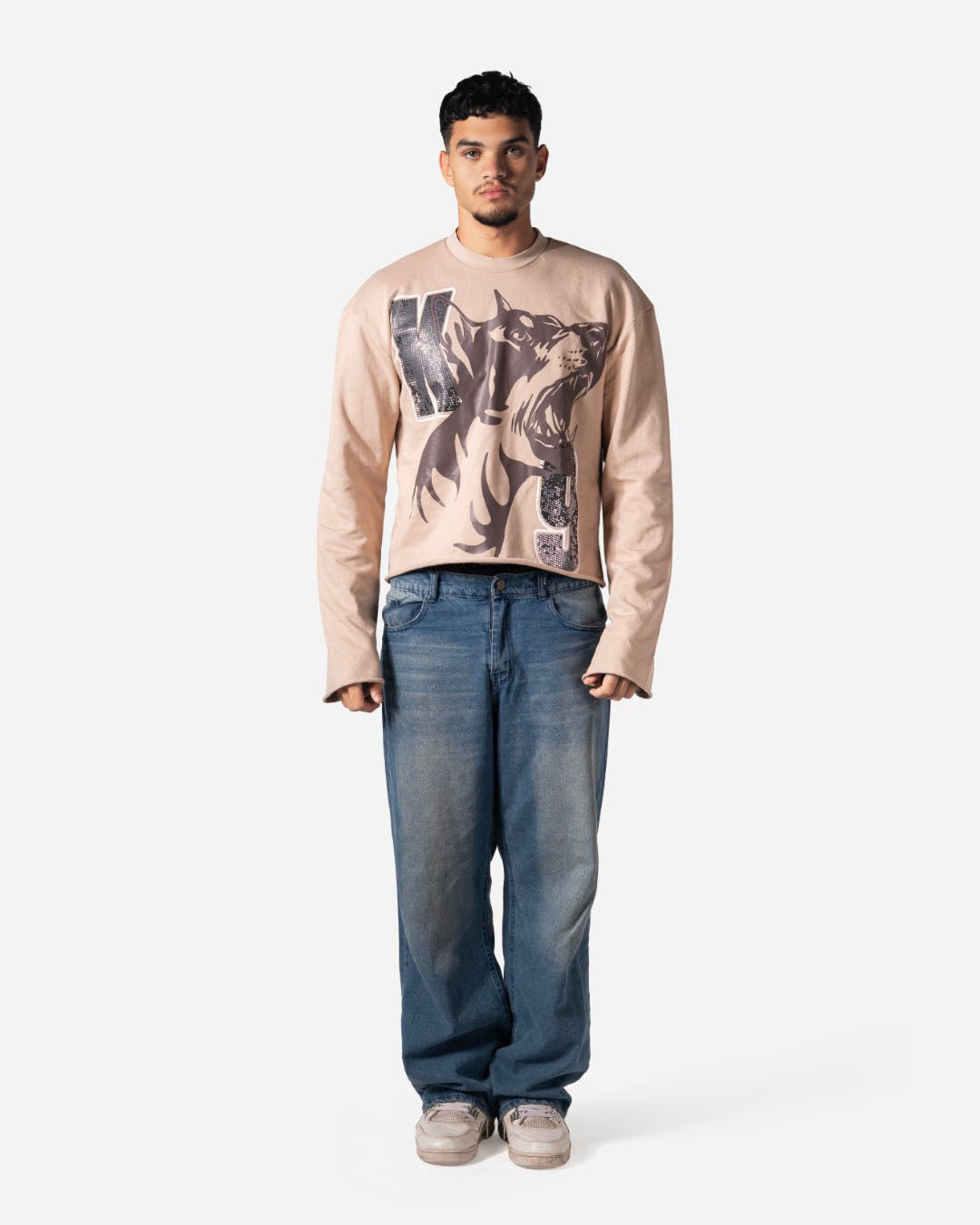 RHINESTONE DOGY & LOGOS PRINT CORRUPT CROPPED SWEATSHIRT