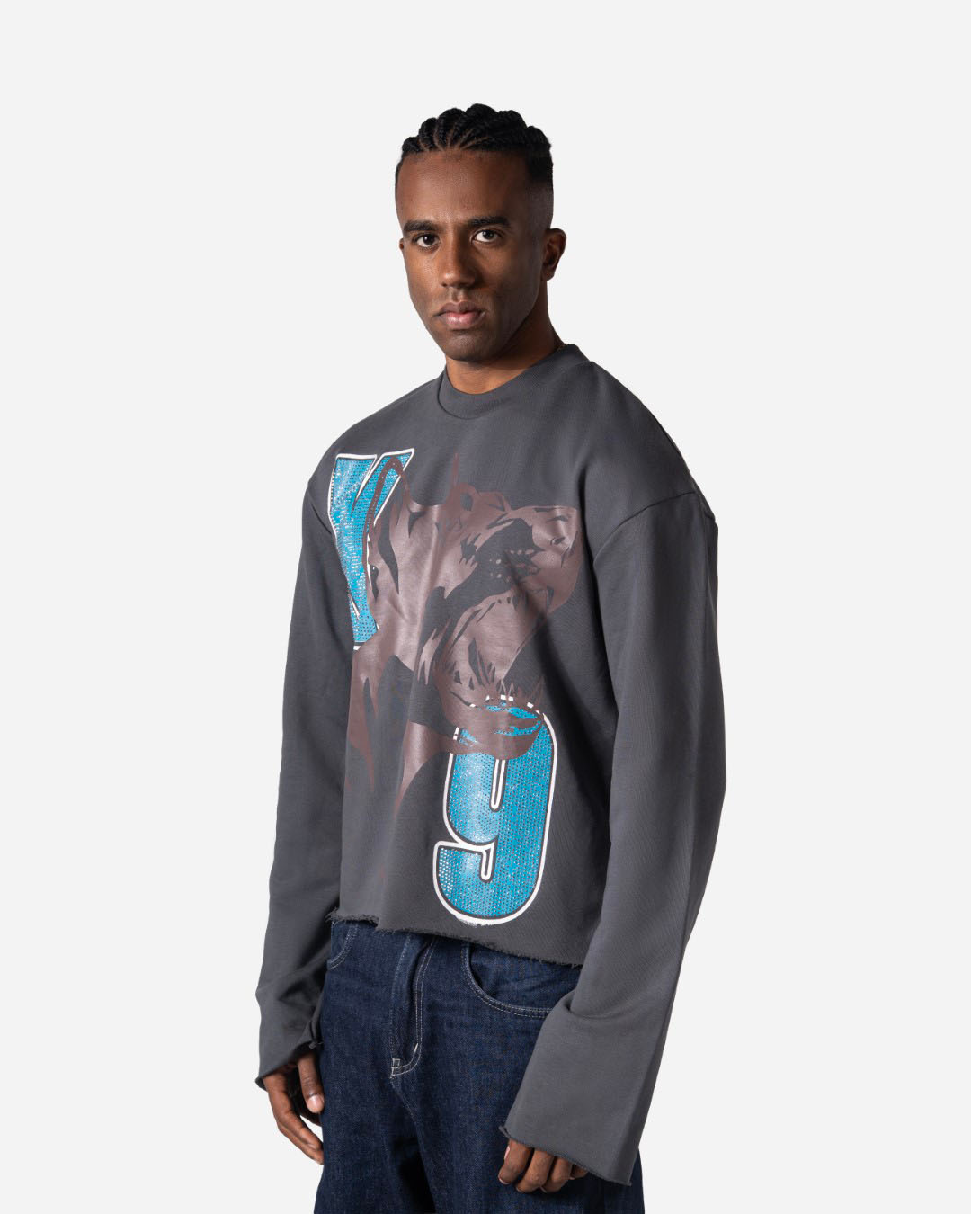 RHINESTONE DOGY & LOGOS PRINT CORRUPT CROPPED SWEATSHIRT