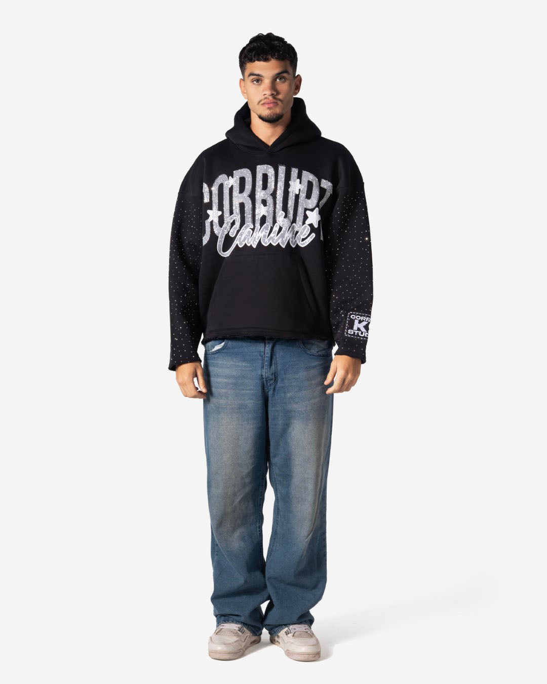 GRAPHIC STARS PRINT RHINESTONE CORRUPT CANINE HOODIE