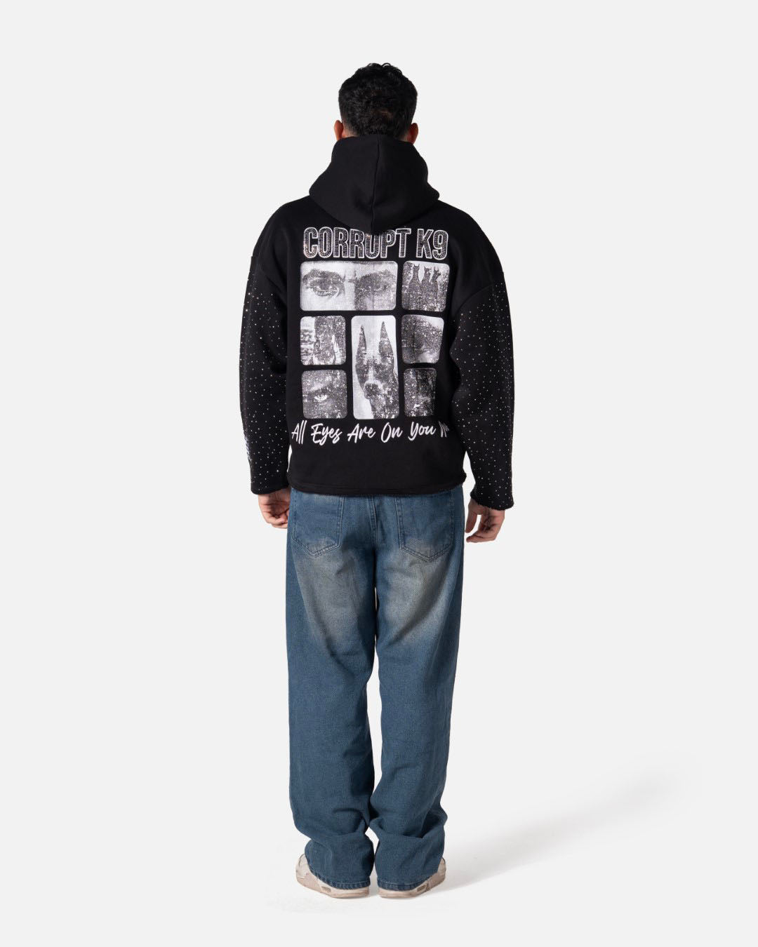 GRAPHIC STARS PRINT RHINESTONE CORRUPT CANINE HOODIE