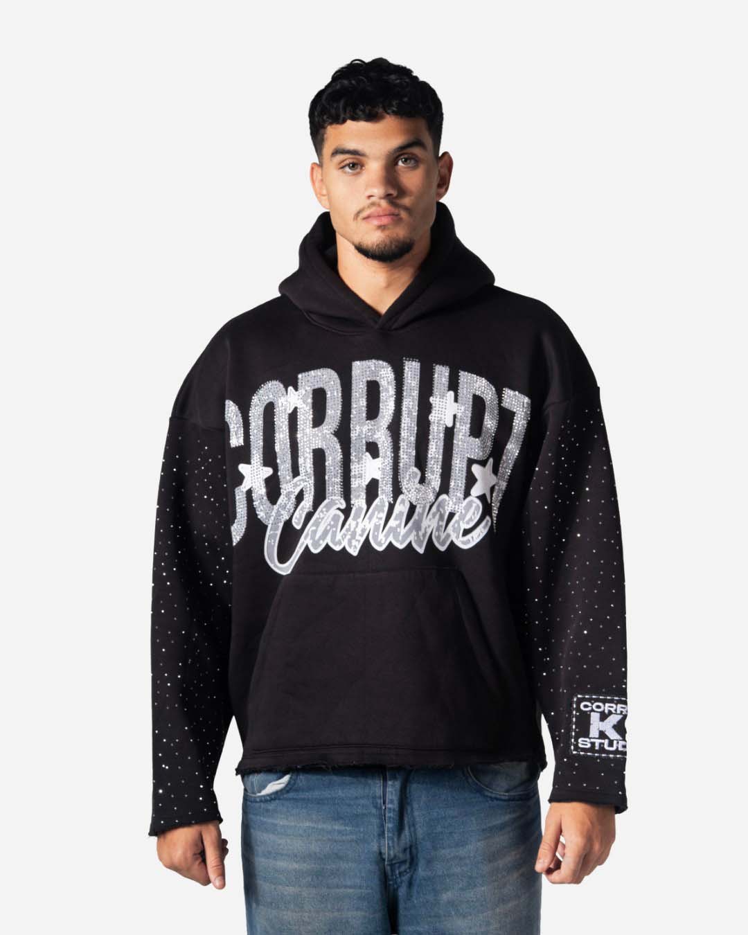 GRAPHIC STARS PRINT RHINESTONE CORRUPT CANINE HOODIE