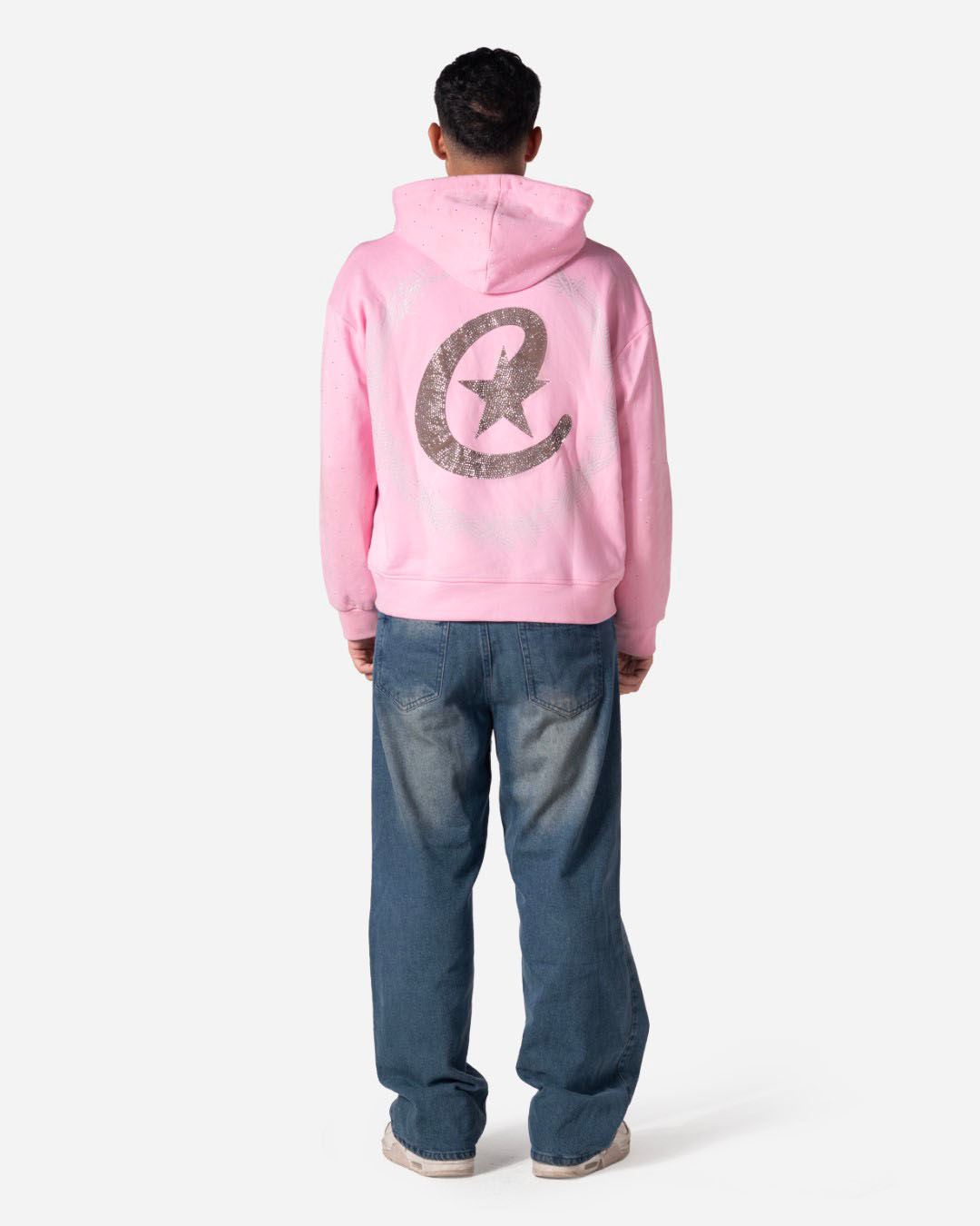 LOGOS PRINT RHINESTONE ZIP- LONG SLEEVES HOODED SWEATSHIRT