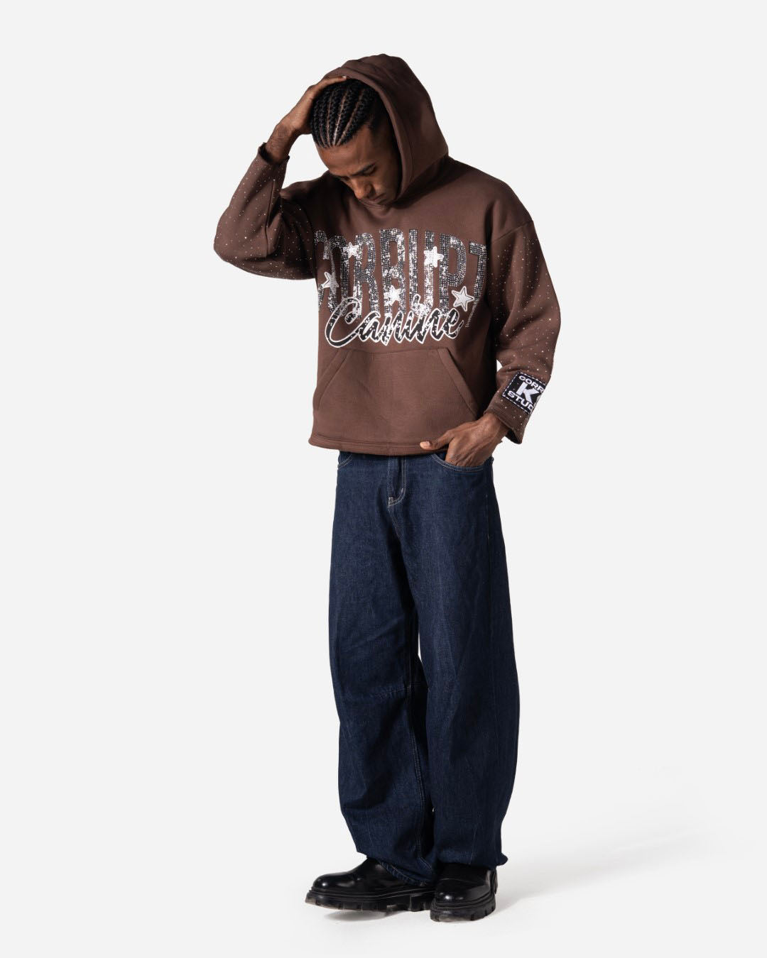 GRAPHIC STARS PRINT RHINESTONE CORRUPT CANINE HOODIE