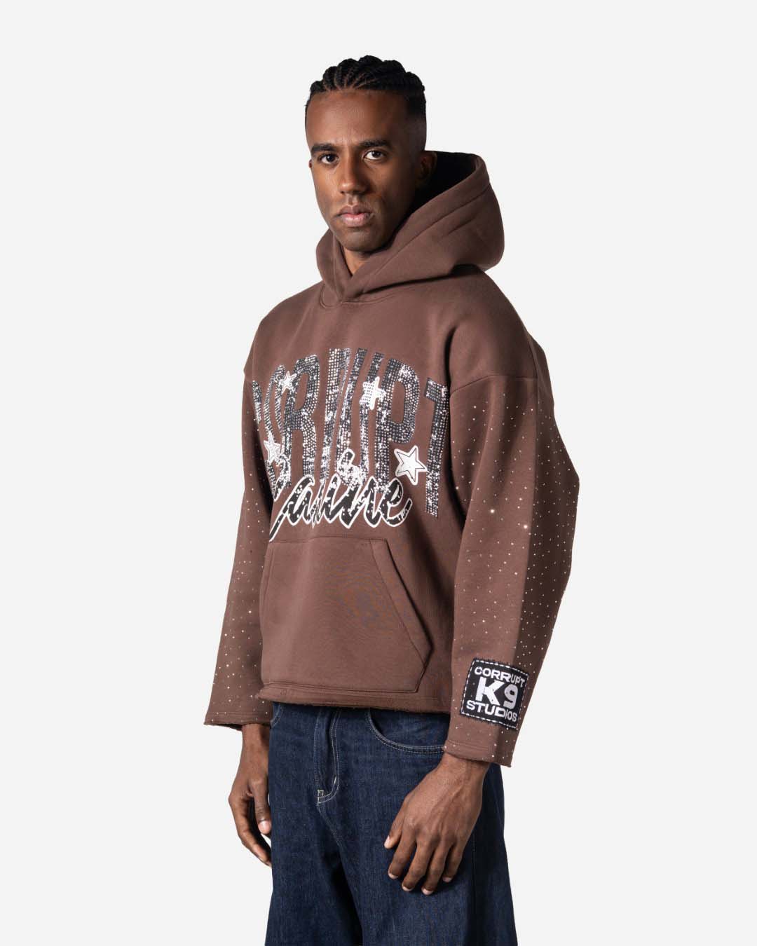 GRAPHIC STARS PRINT RHINESTONE CORRUPT CANINE HOODIE