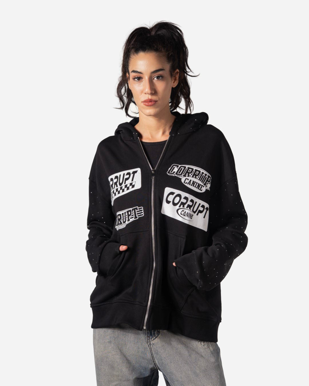 LOGOS PRINT RHINESTONE ZIP-UP LONG SLEEVES HOODED SWEATSHIRT