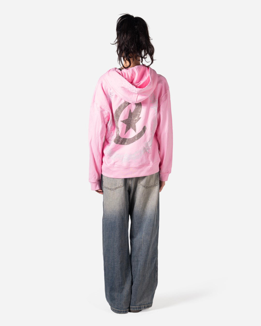 LOGOS PRINT RHINESTONE ZIP- LONG SLEEVES HOODED SWEATSHIRT