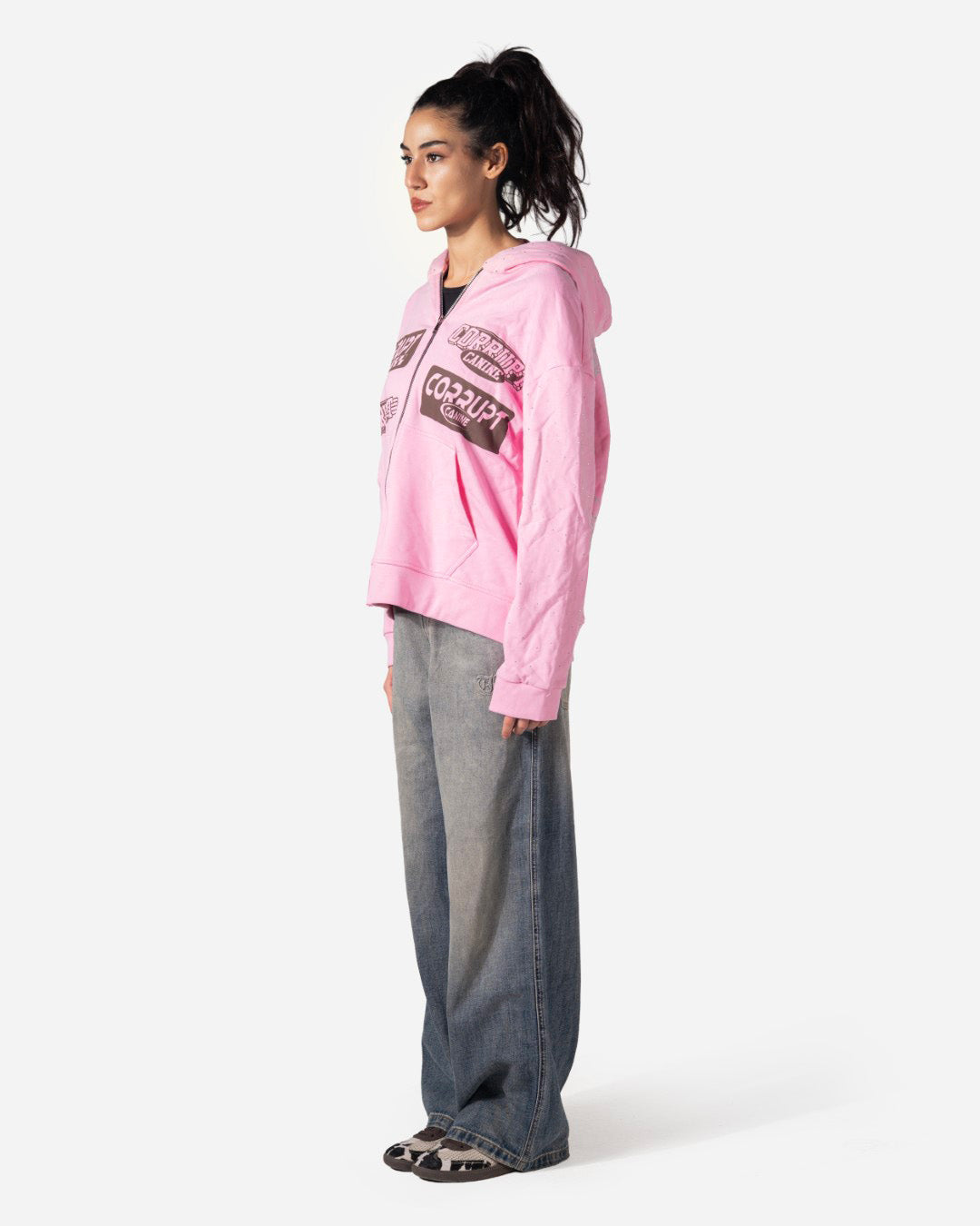 LOGOS PRINT RHINESTONE ZIP- LONG SLEEVES HOODED SWEATSHIRT