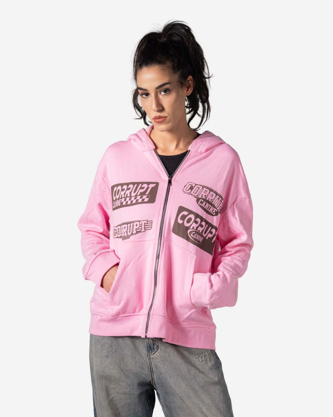LOGOS PRINT RHINESTONE ZIP- LONG SLEEVES HOODED SWEATSHIRT