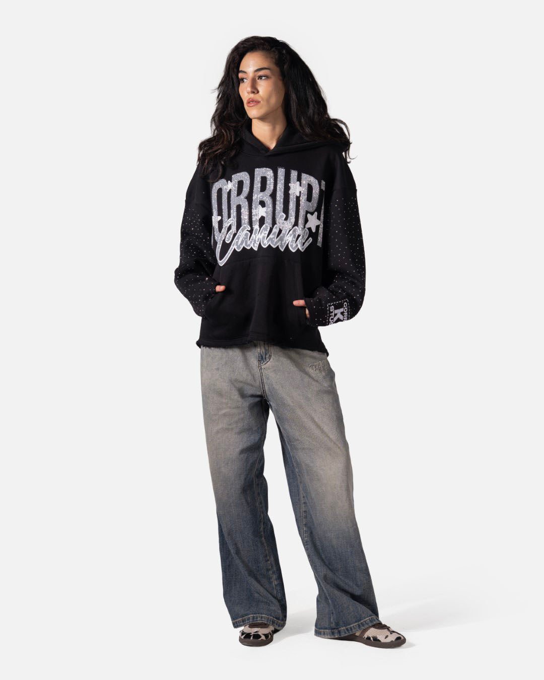 GRAPHIC STARS PRINT RHINESTONE CORRUPT CANINE HOODIE