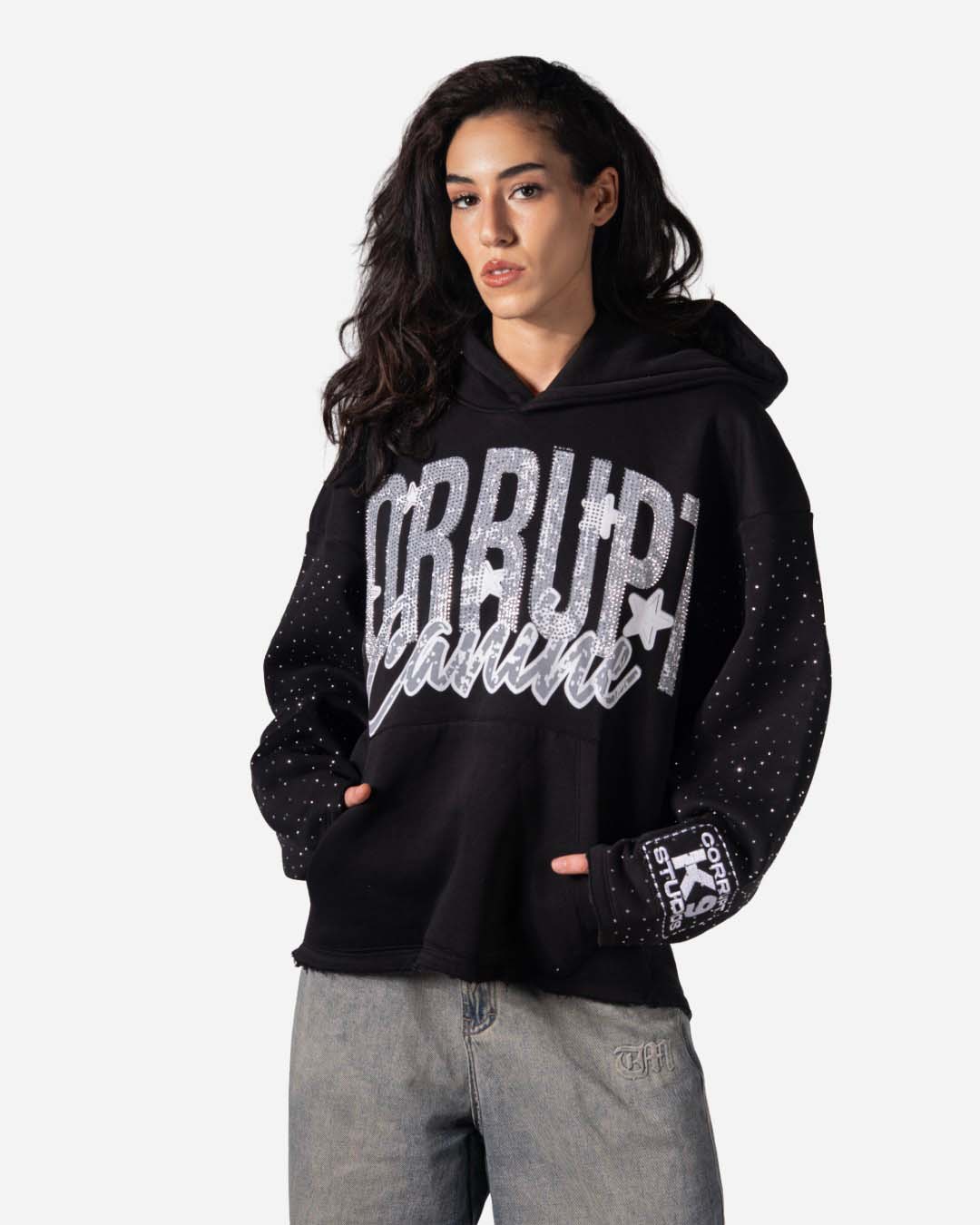 GRAPHIC STARS PRINT RHINESTONE CORRUPT CANINE HOODIE