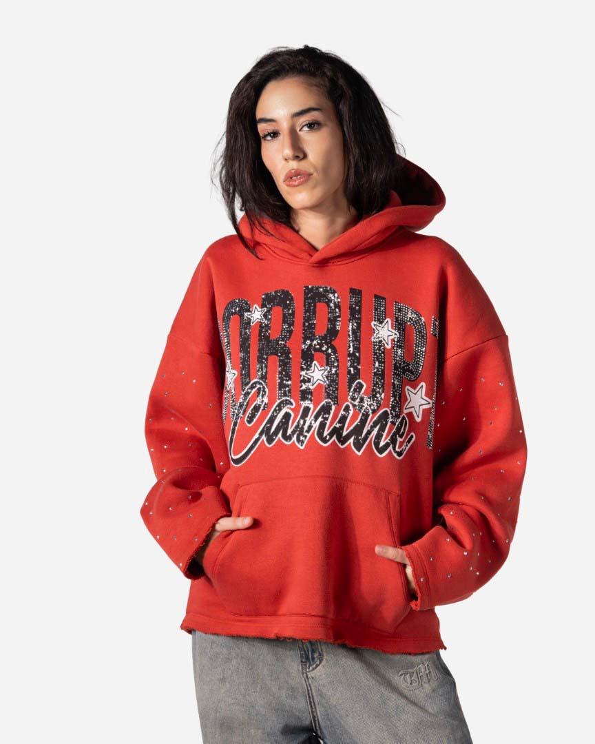 GRAPHIC STARS PRINT RHINESTONE CORRUPT CANINE HOODIE