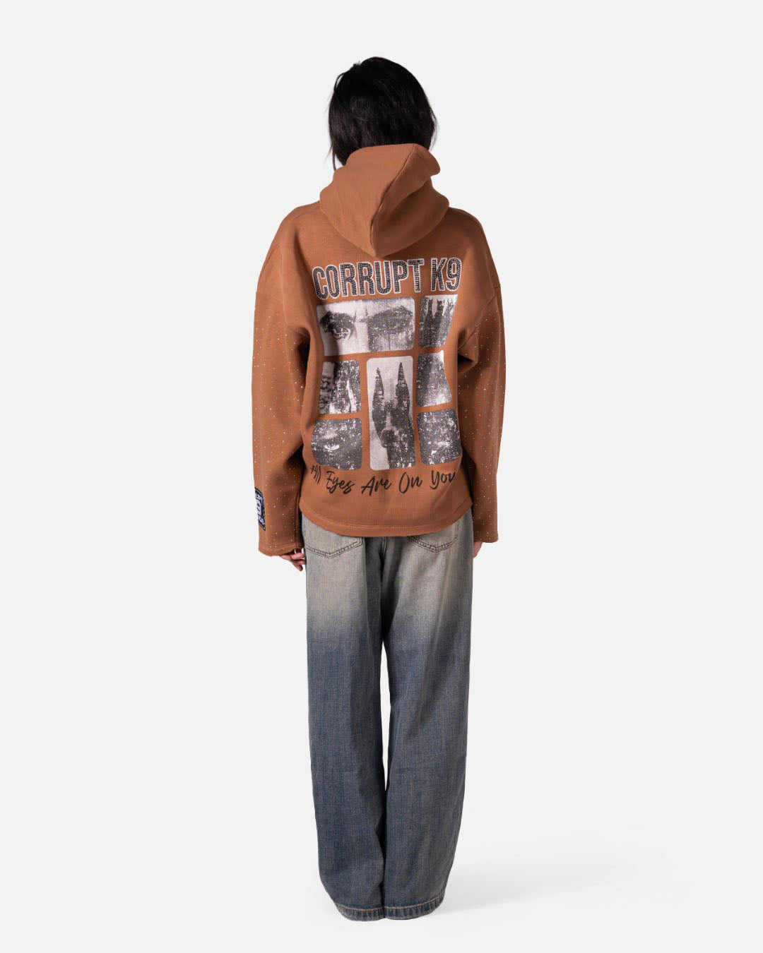 GRAPHIC STARS PRINT RHINESTONE CORRUPT CANINE HOODIE