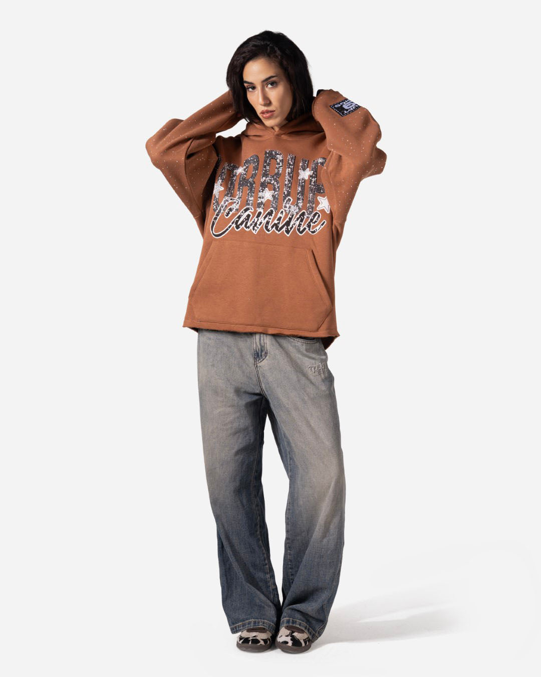 GRAPHIC STARS PRINT RHINESTONE CORRUPT CANINE HOODIE