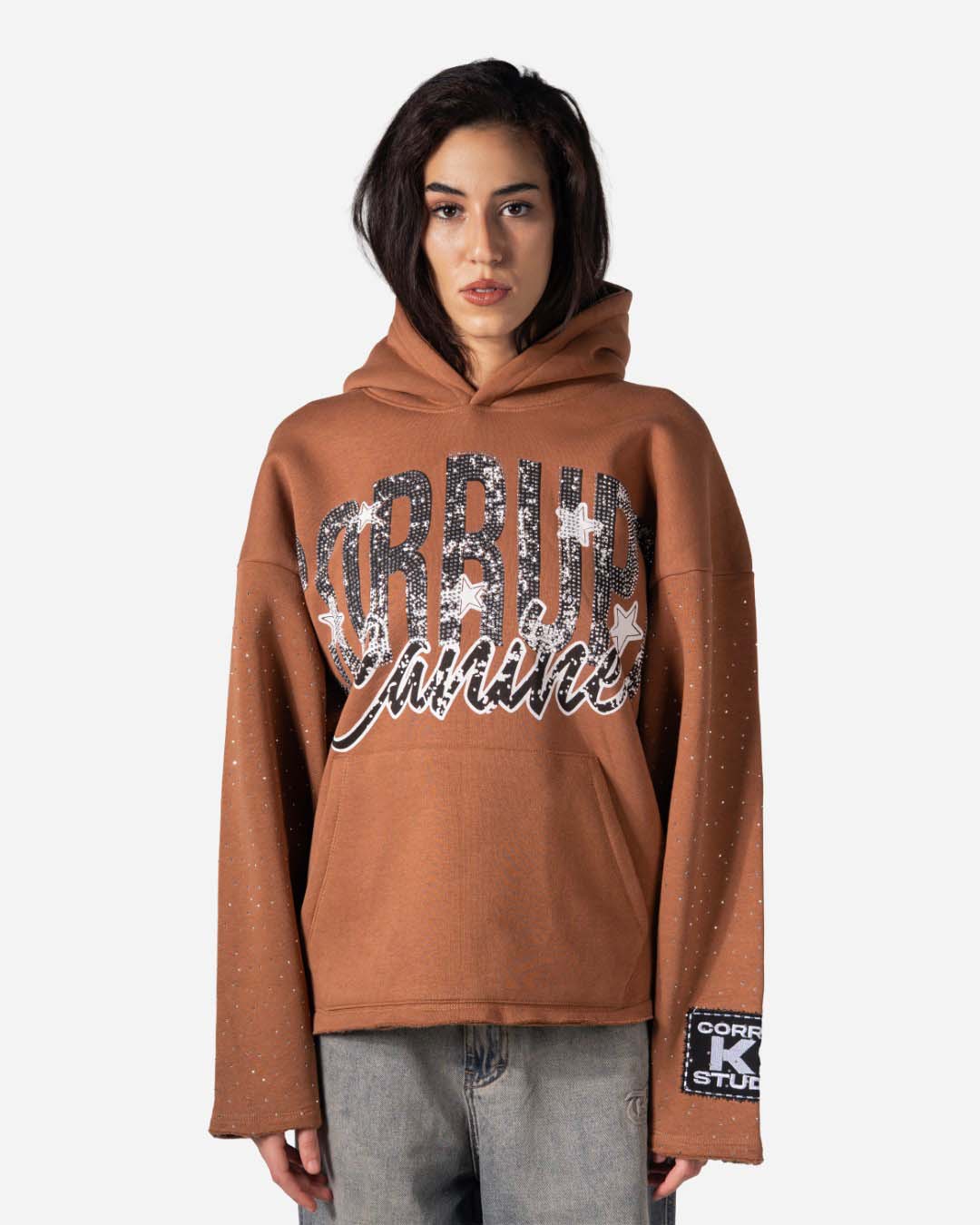 GRAPHIC STARS PRINT RHINESTONE CORRUPT CANINE HOODIE