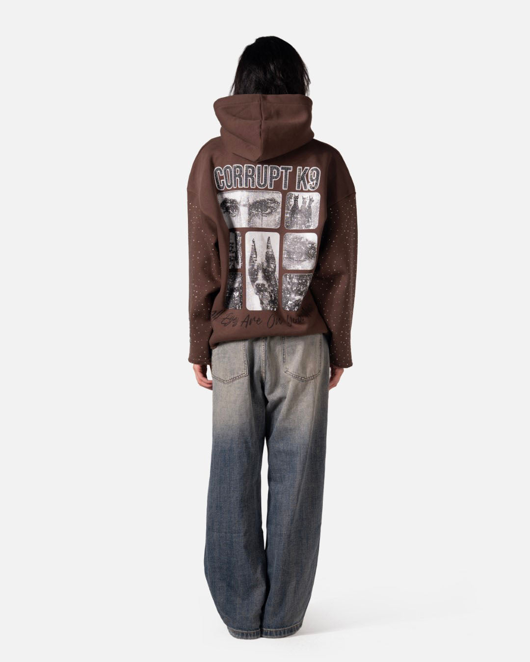 GRAPHIC STARS PRINT RHINESTONE CORRUPT CANINE HOODIE