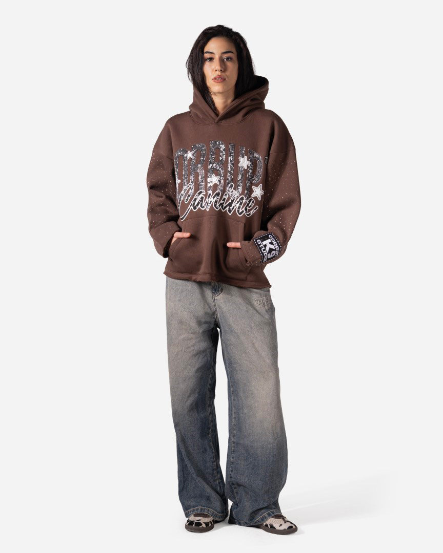 GRAPHIC STARS PRINT RHINESTONE CORRUPT CANINE HOODIE